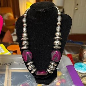 Silver and Pink Beaded Necklace